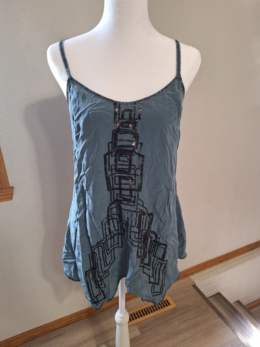 Matty M Blue Spaghetti-Strap Beaded Geometric Camisole